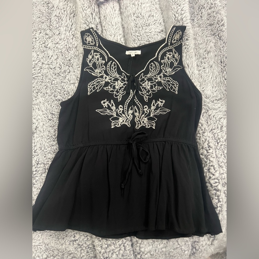 Maurices Black and White Embroidered Sleeveless Top with Tie
